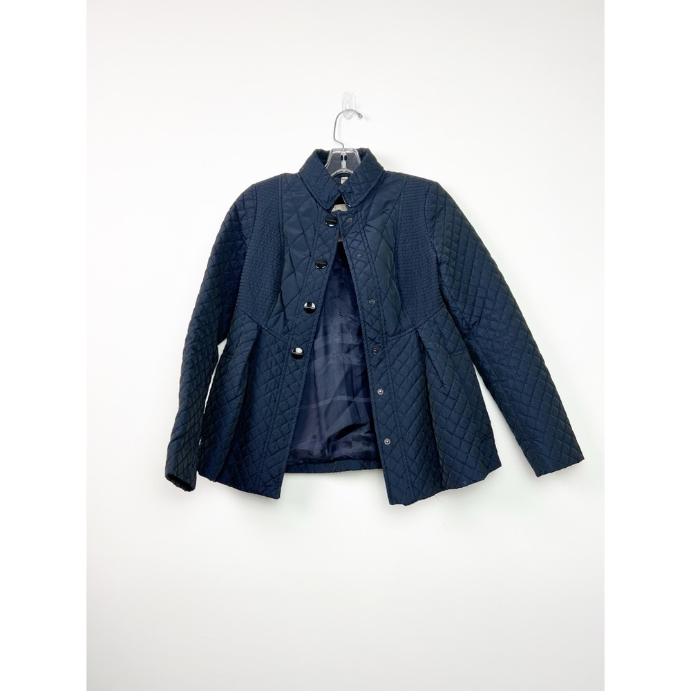Burberry London Navy Quilted Women’s Mock Neck Collar Jacket w Pleating Detail 2